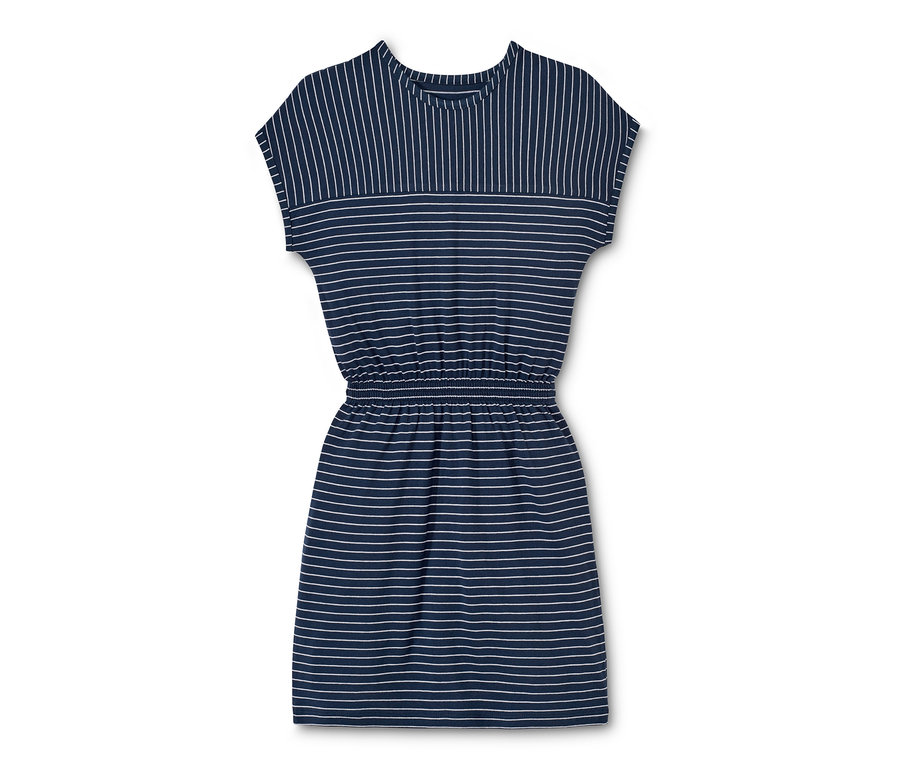 Blaues Jerseykleid mit weißen Streifen.