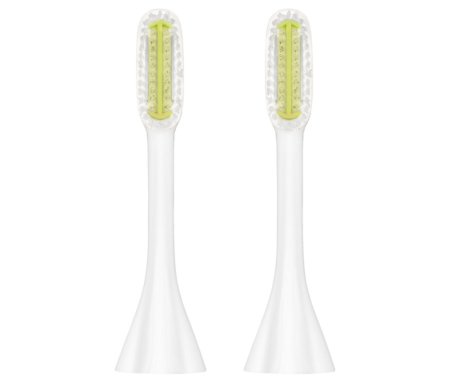 Zwei weiße Aufsteckbürsten für die elektrische Zahnbürste Silk’n »ToothWave©«.