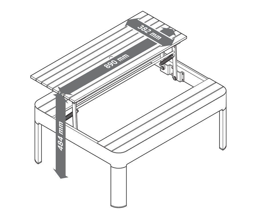 Die Zeichnung eines variablen Loungemöbel-Sets zeigt die Abmessungen des Tisches mit einer Höhe von 484 mm, einer Breite von 382 mm und einer Länge von 890 mm.