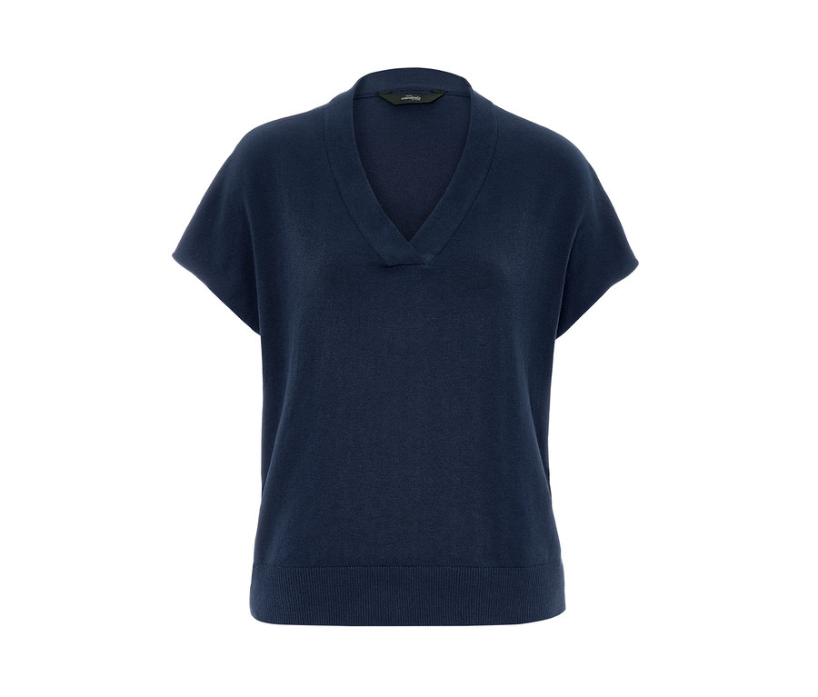 Marineblaues Feinstrick-Loungewear-Sweatshirt mit V-Ausschnitt.