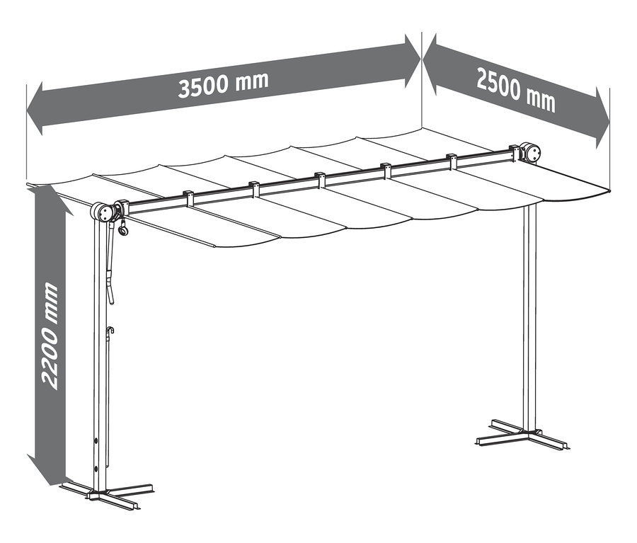 Eine Skizze des hellgrauen Leco Sonnendachs, 400 x 250 cm.