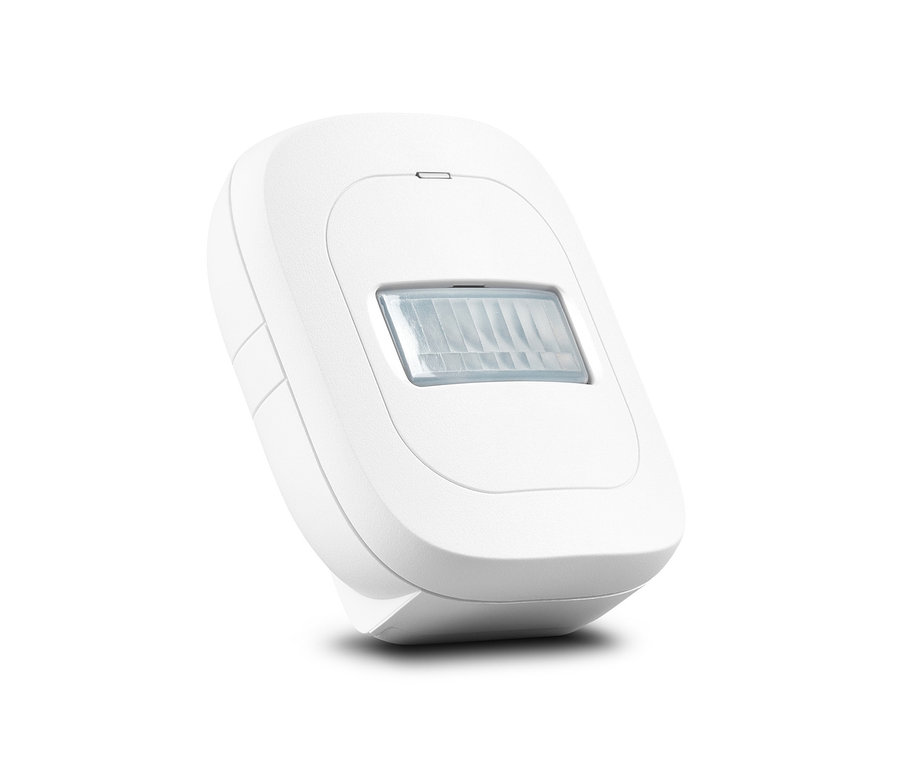 Ein weißer Bewegungsmelder vor einem weißen Hintergrund. MEDION® Smart Home Bewegungsmelder »P85807« ist sichtbar.
