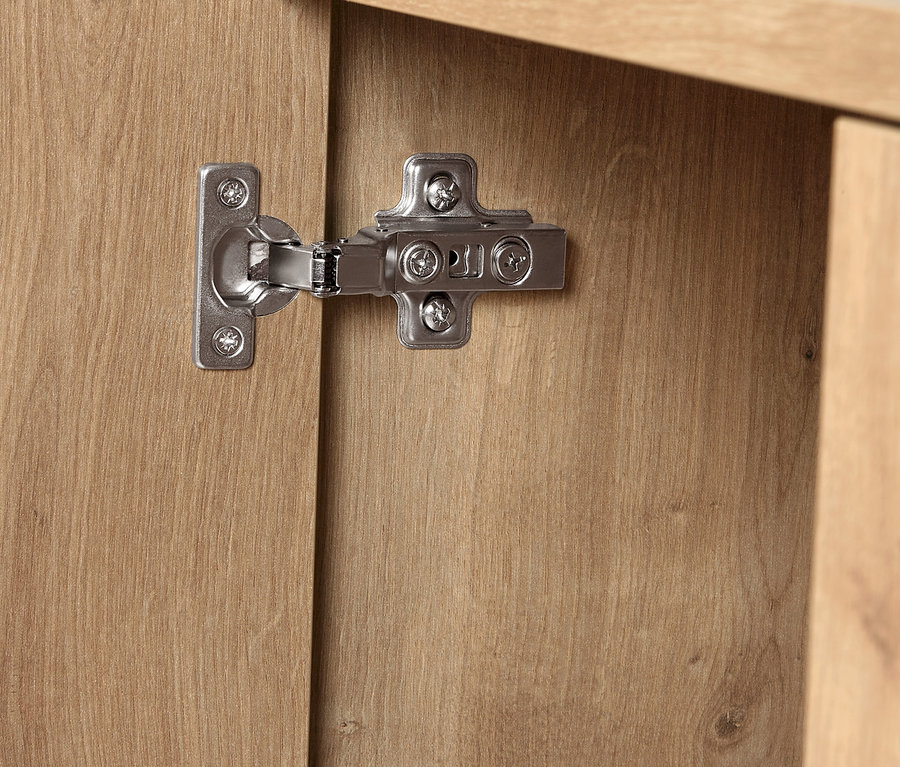Detail eines Scharniers am Regalmodul »Flemming« (ca. 75 x 75 cm) mit Türen in Eichendekor.