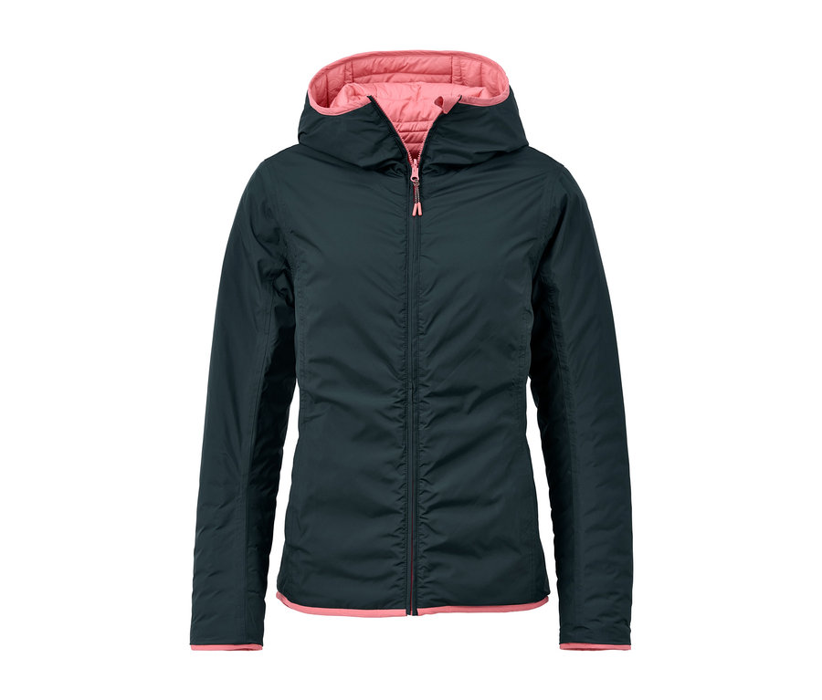 Dunkelgrüne, wasserdichte Wende-Steppjacke mit Kapuze und rosa Futter.