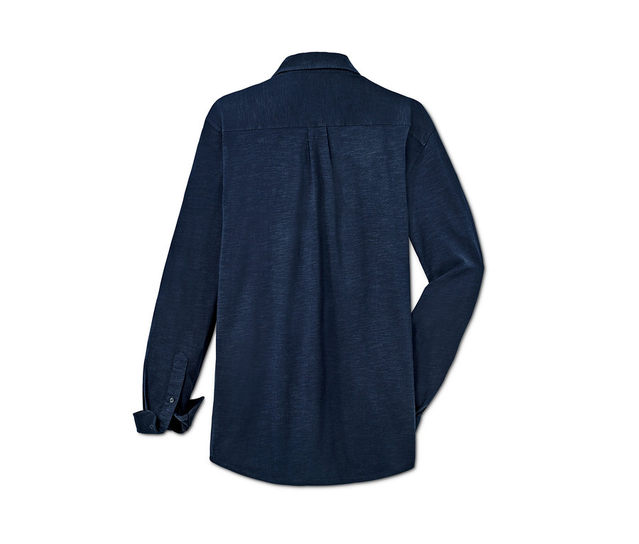 Dunkelblaues Jersey-Hemd mit langen Ärmeln von hinten.