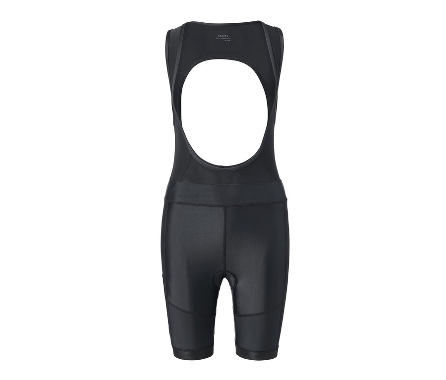Eine schwarze Fahrrad-Trägerhose auf weißem Hintergrund.
