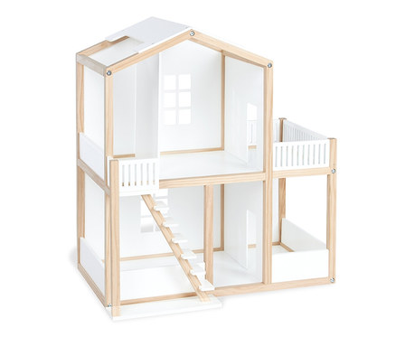 Das zweistöckige Pinolino Puppenhaus »Ida« aus weißem Holz mit Naturholzrahmen.