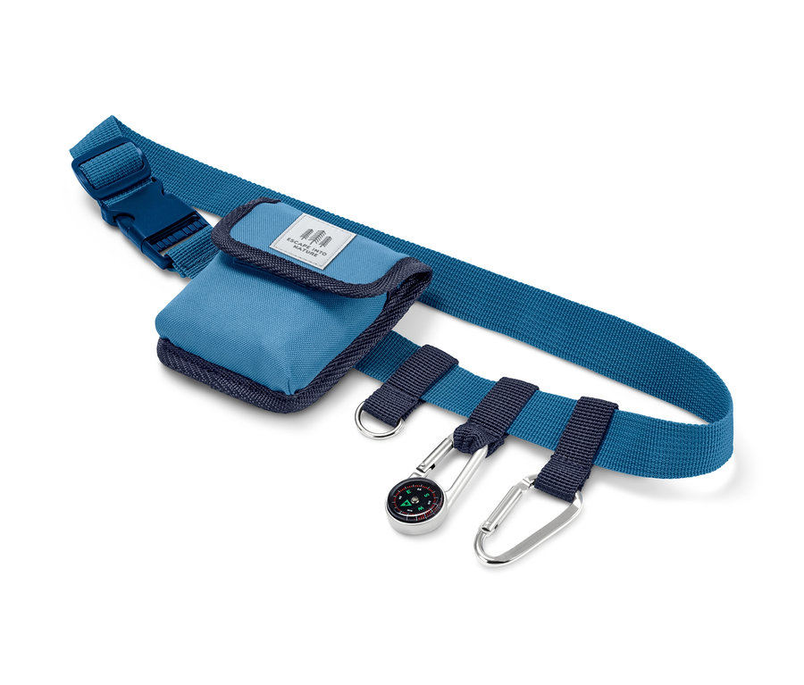 Blauer Kinder-Abenteuergürtel mit Tasche, Kompass und Karabiner.