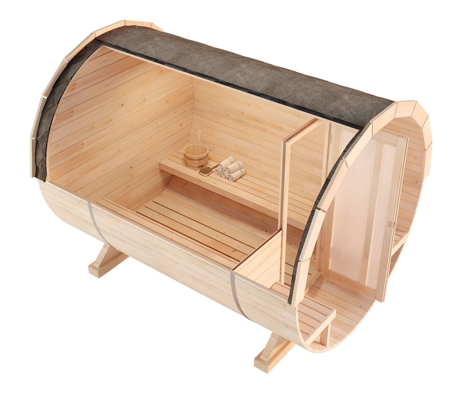 Innenansicht der Syngarden Fass-Sauna Komplett-Set »Linda« aus Naturholz, mit Holzeimer, Schöpfkelle und Handtüchern auf der Bank.