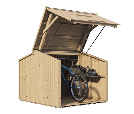 Geöffnete WEKA Fahrrad-Box aus Holz mit Fahrrad drinnen.
