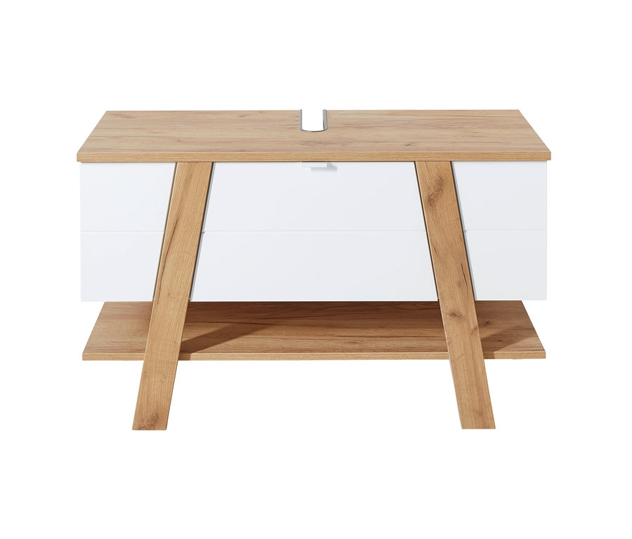 Waschbecken-Unterschrank »Novolino« mit zwei weißen Schubladen und einem Holzregal.