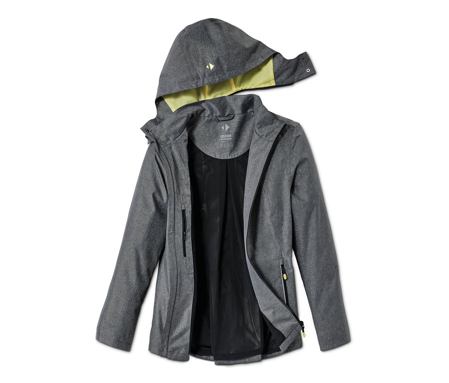 Graue Allwetterjacke mit Kapuze und gelbem Futter, offen.