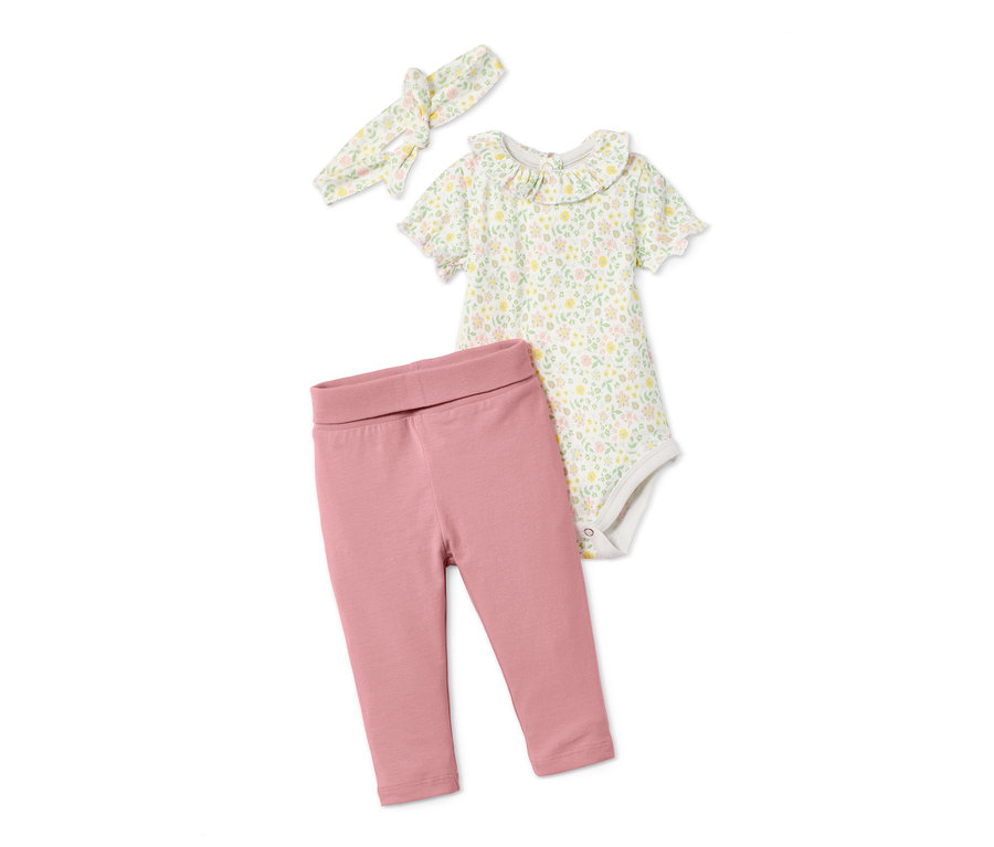 Baby-Set, 3-teilig: Kurzarm-Body mit Blumenmuster, rosa Leggings und Stirnband.