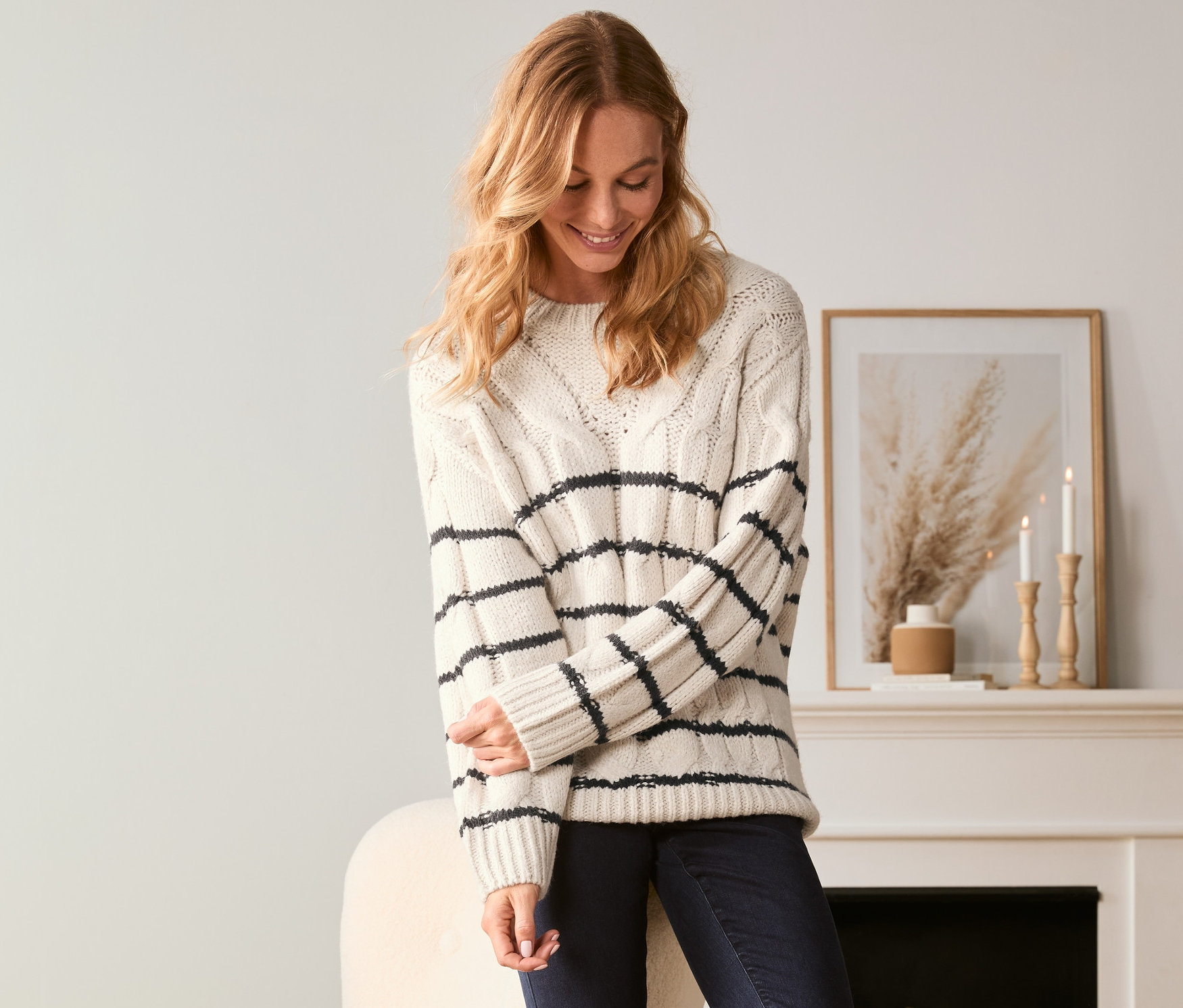 Thumbnail - Tchibo - Gestreifter Strickpullover - Damen - Gr. M - weiß/gestreift