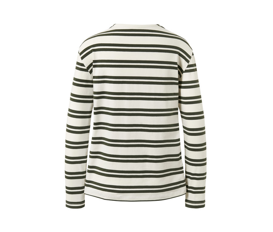 Rückansicht eines olivgrün-cremefarben gestreiften Langarmshirts.