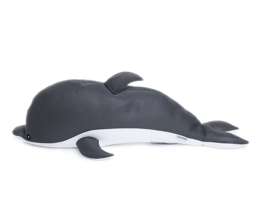 Grauer Pool Buddy Delphin liegt auf der Seite.