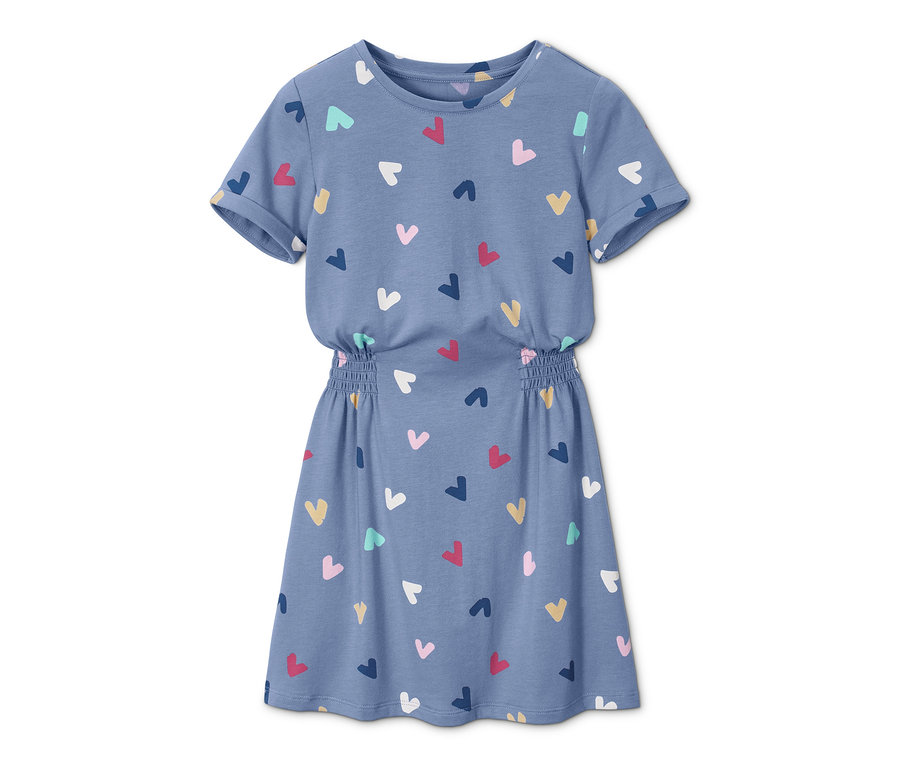 Blaues Jerseykleid mit bunten Herzen.