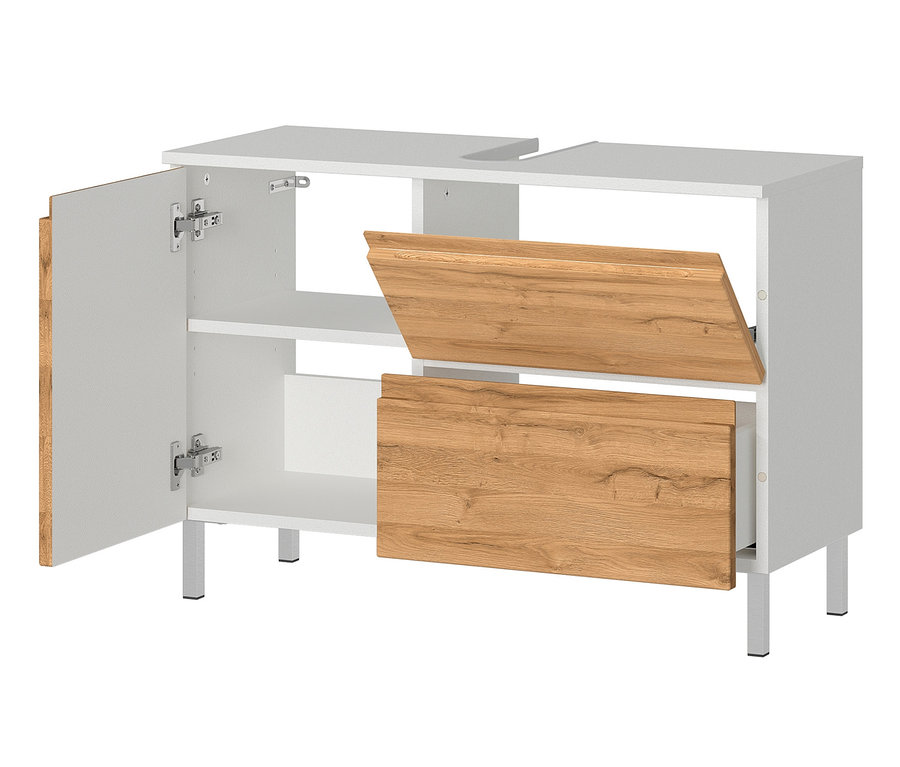 Waschbecken-Unterschrank »Torrance«, groß, mit geöffneter Tür und Schublade.