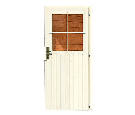 Eine Holztür mit einem Fenster mit Sprossen.