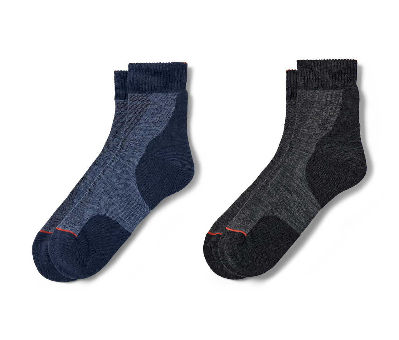 Zwei Paar Outdoorsocken, einmal blau und einmal grau.