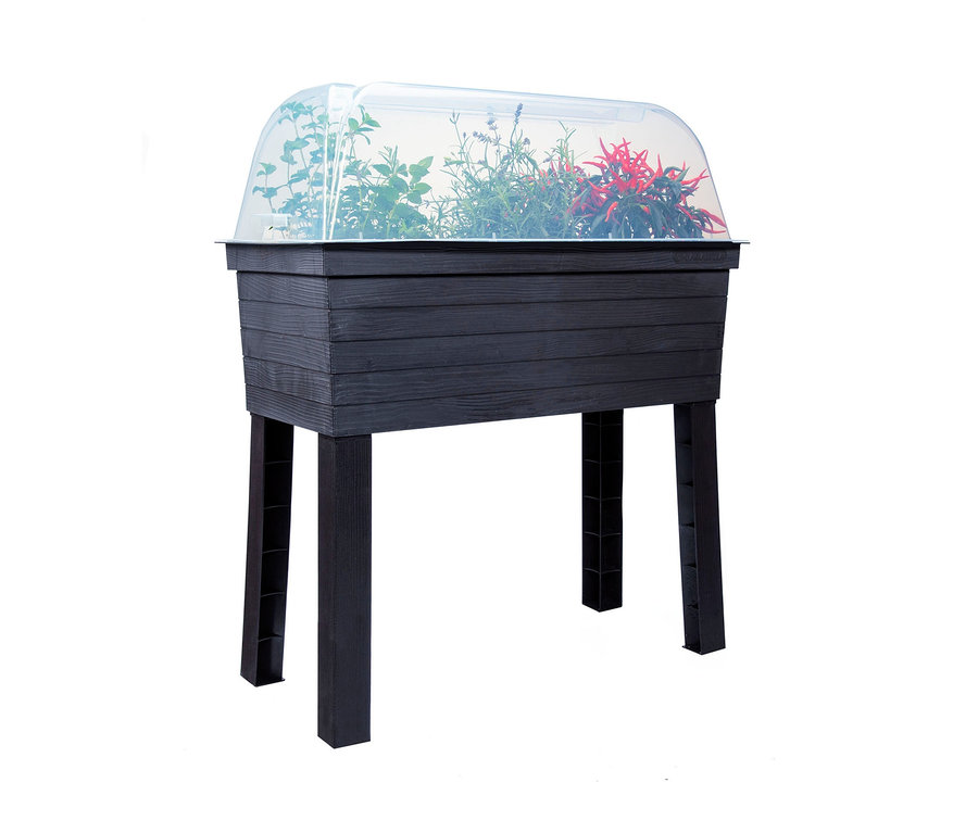 Schwarzes Garantia Urban Balkon-Hochbeet-Set mit durchsichtiger Abdeckung und Pflanzen.