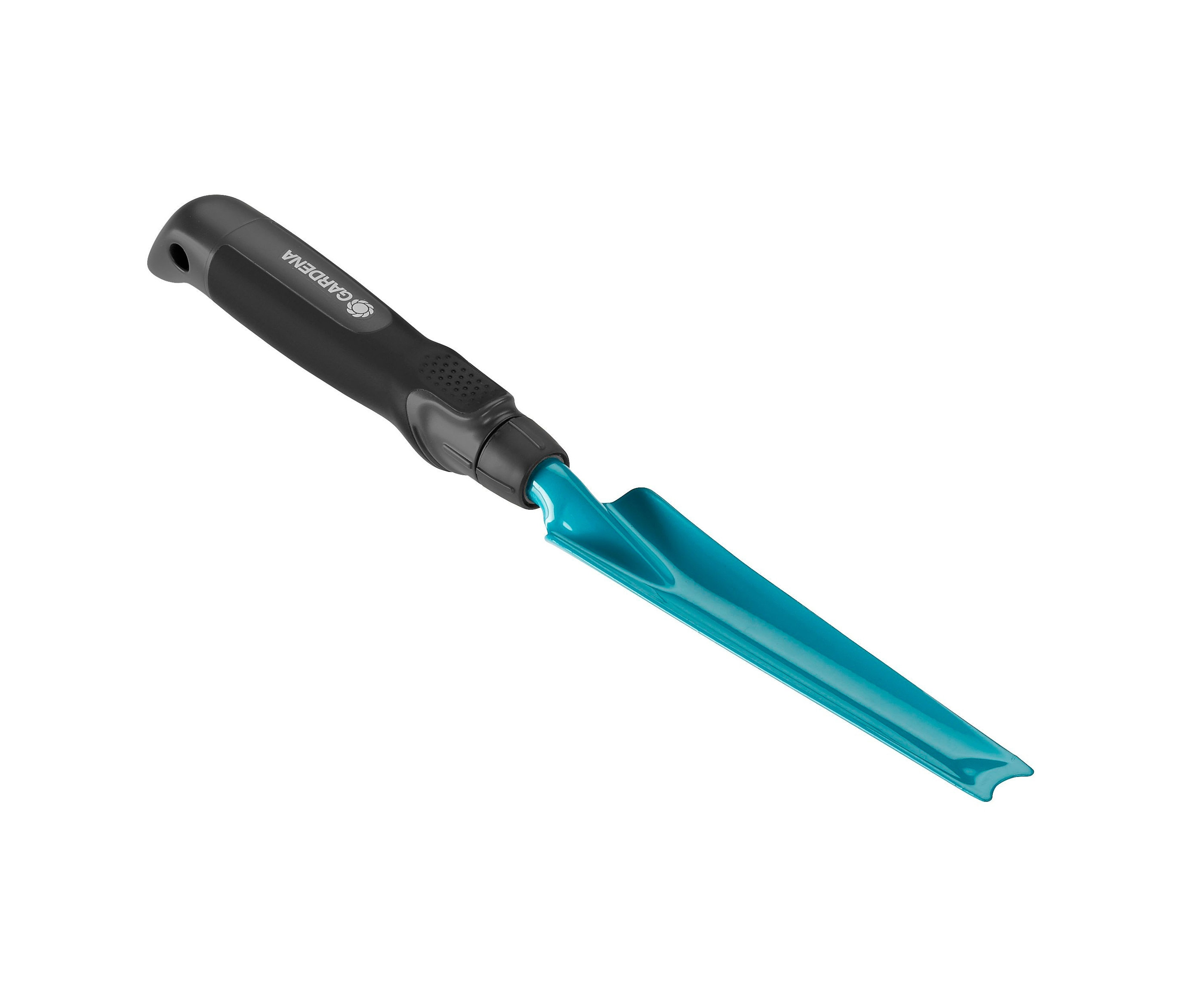 Detailaufnahme eines blaugrünen GARDENA »Unkrautstecher« mit schwarzem Griff auf weißem Hintergrund.
