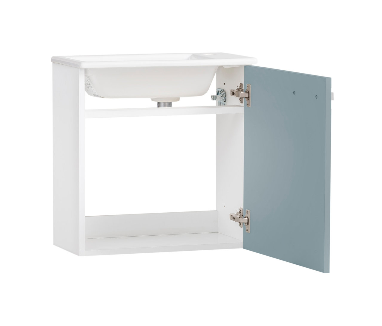 Weißer Badezimmerschrank mit Waschbecken und blauer Tür. Gästebad-Set »Frida«, blau