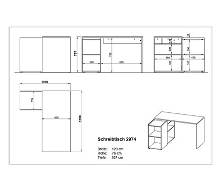 Technische Zeichnung eines Austin Eckschreibtischs mit Abmessungen.