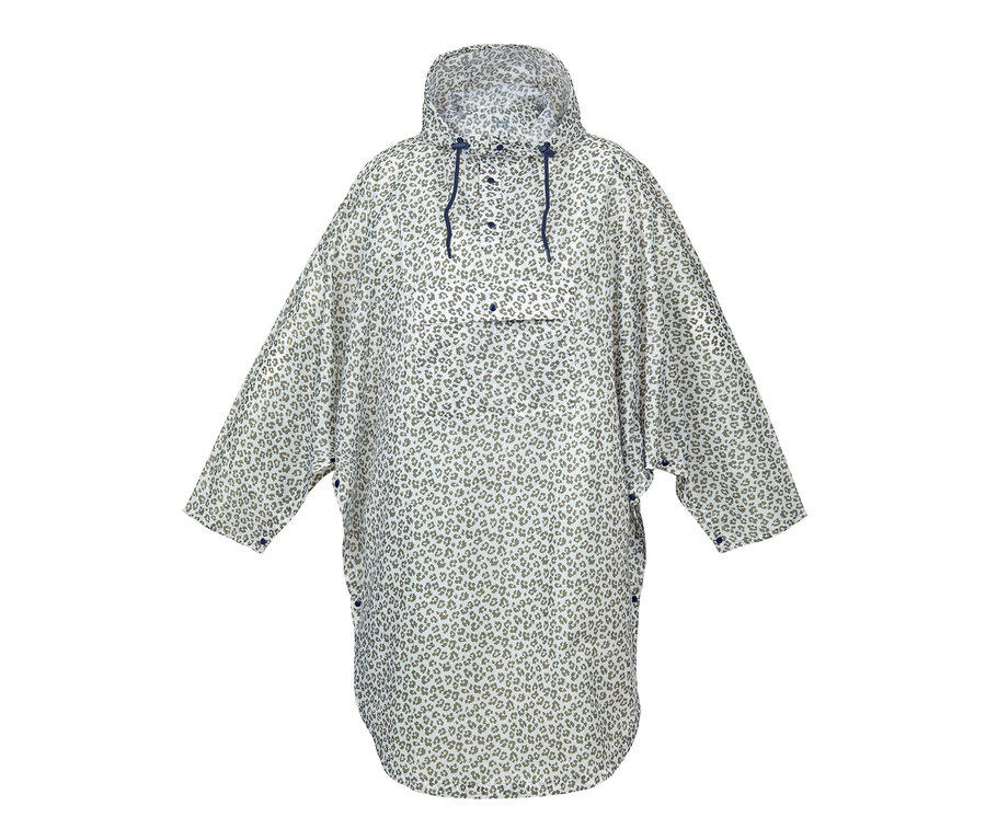 Einpackbarer Regenponcho mit Kapuze und Leopardenmuster.