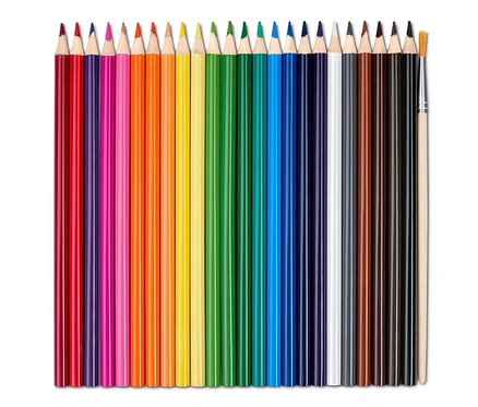 Eine Reihe von Aquarell-Buntstiften in verschiedenen Farben, inklusive Pinsel.