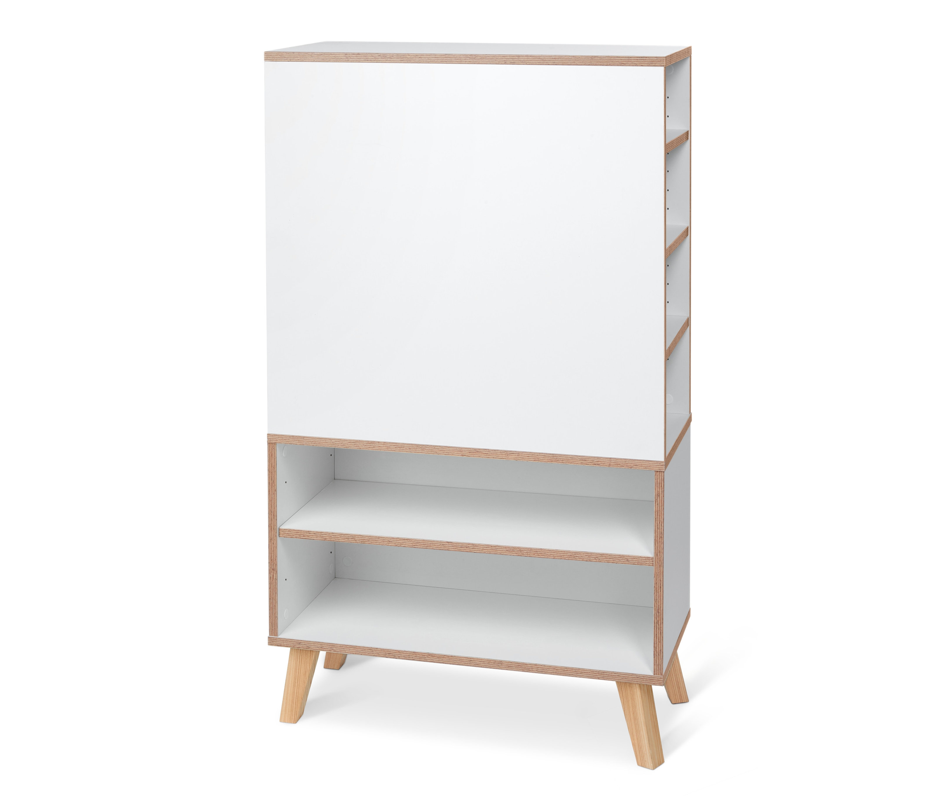 Weisses Schuhregal mit Echtholz-Multiplexkanten.