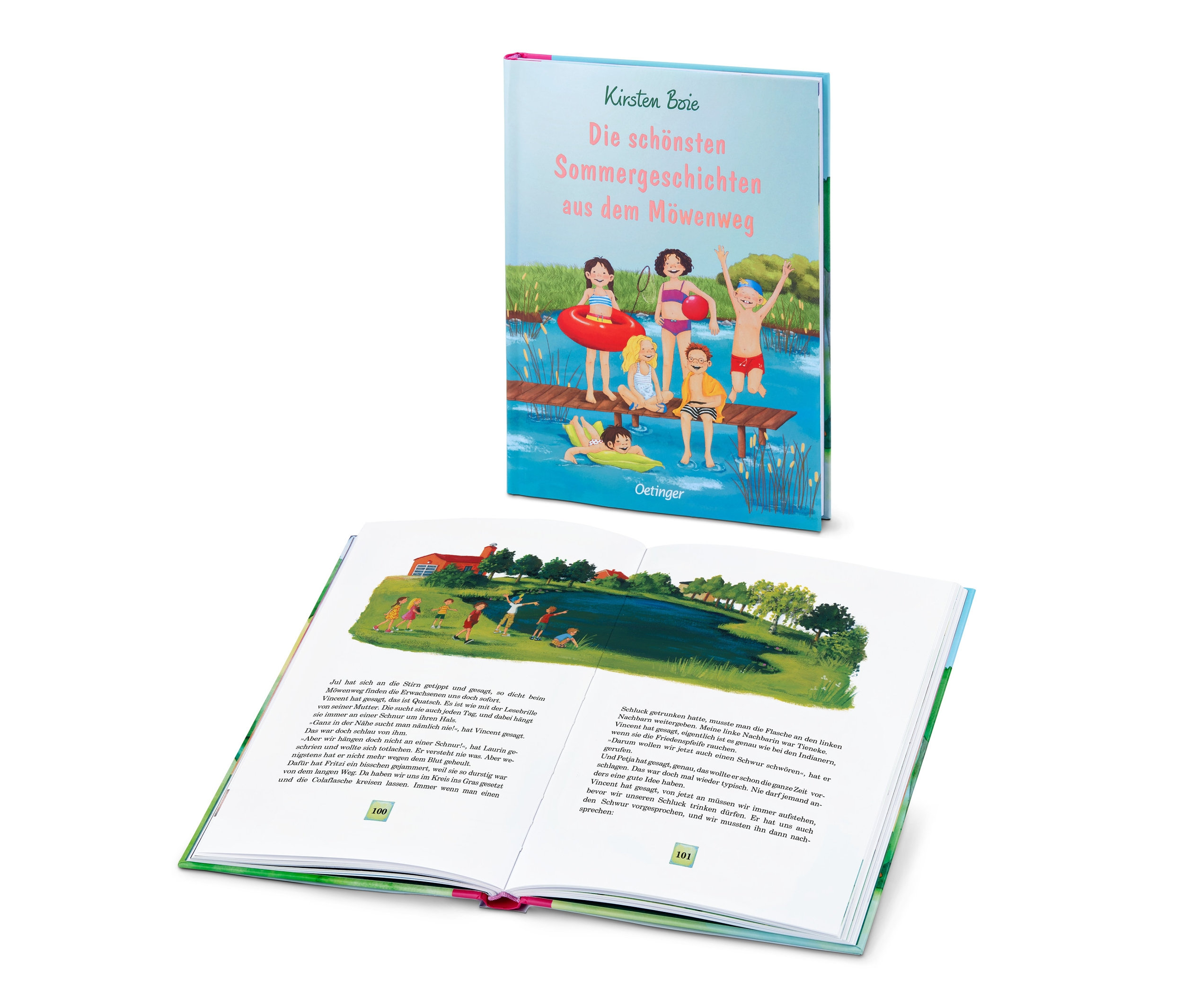 Ein offenes Buch und das Buch "Die schönsten Sommergeschichten aus dem Möwenweg" liegen übereinander.