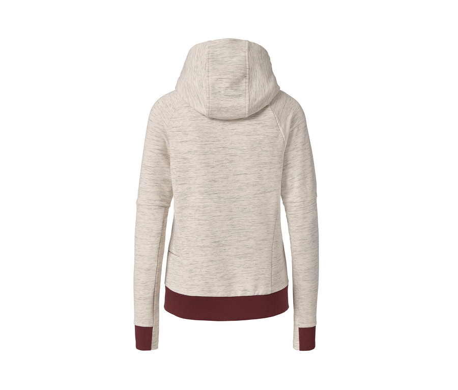 Beige melierte Sweatjacke mit Kapuze von hinten.