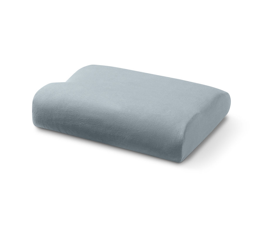 Ein grauer Jersey-Kissen-Spannbezug der 2 Jersey-Kissen-Spannbezüge auf einem weißen Hintergrund.