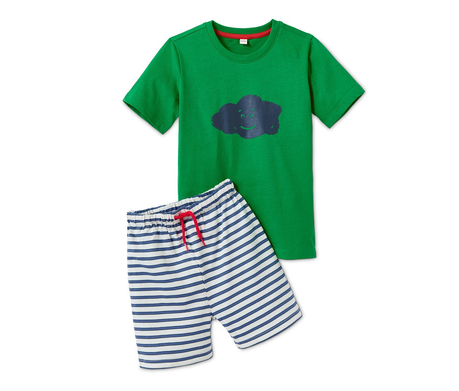 Ein grünes Kurzarmshirt mit einem Cartoon-Gesicht und eine gestreifte Shorty-Pyjamas aus Bio-Baumwolle, 2 Stk.