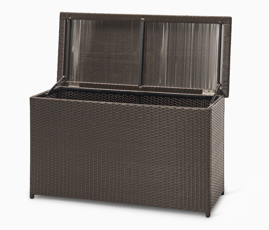 Geöffnete Auflagenbox mit Polyrattangeflecht.