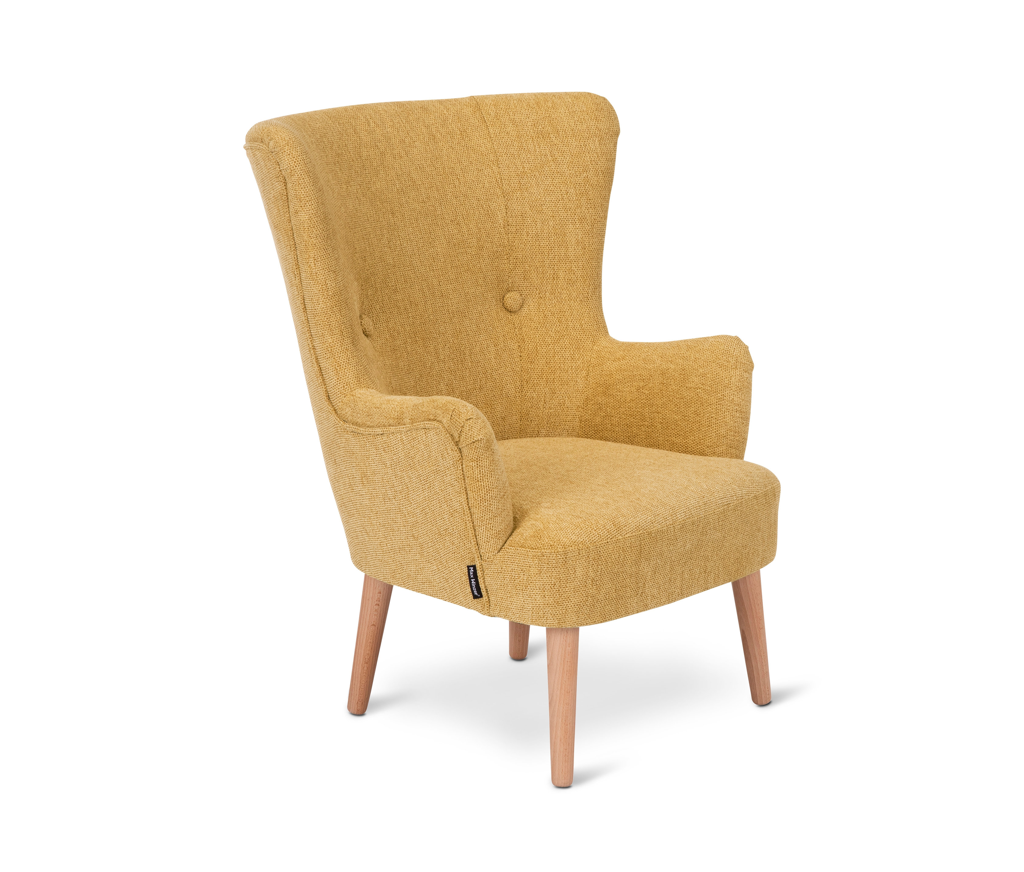 Gelber Kinder-Ohrensessel »Star« mit Armlehnen und Holzbeinen vor weißem Hintergrund.