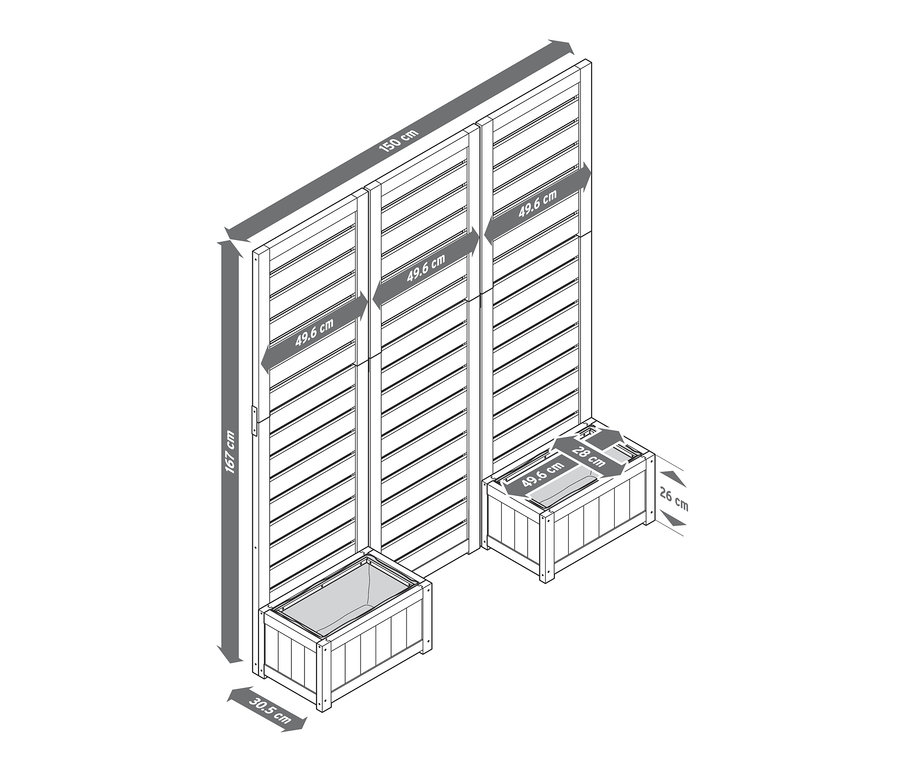 Illustration von zwei »Tinus« Paravents mit Pflanzkästen und Bemaßungen.