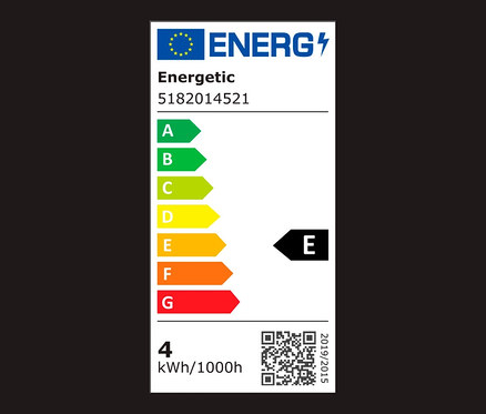 Energielabel mit Energieeffizienzklassen von A bis G, wobei der aktuelle Energieverbrauch in Klasse E liegt.
