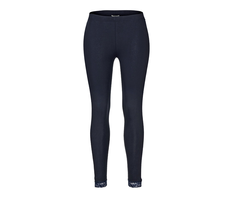 Dunkelblaue Leggings mit Spitzenborte.