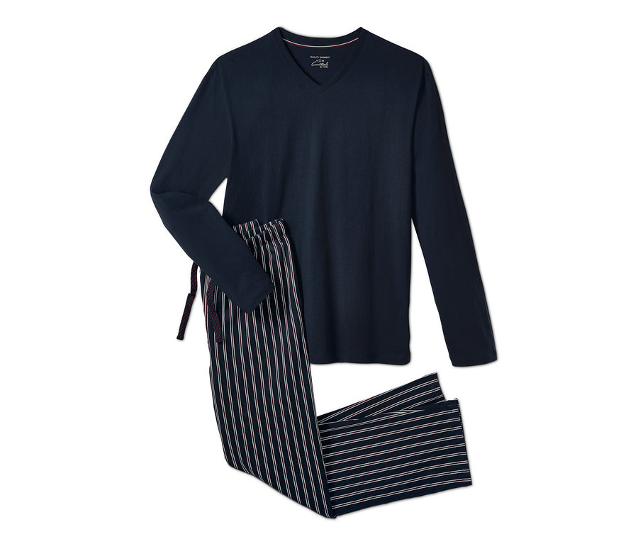 Marineblauer Pyjama mit langen Ärmeln und gestreifter Hose.
