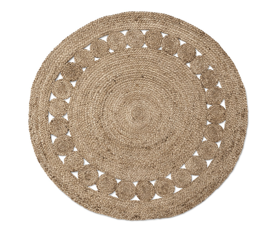 Runder Jute-Flechtteppich mit dekorativem Rand.