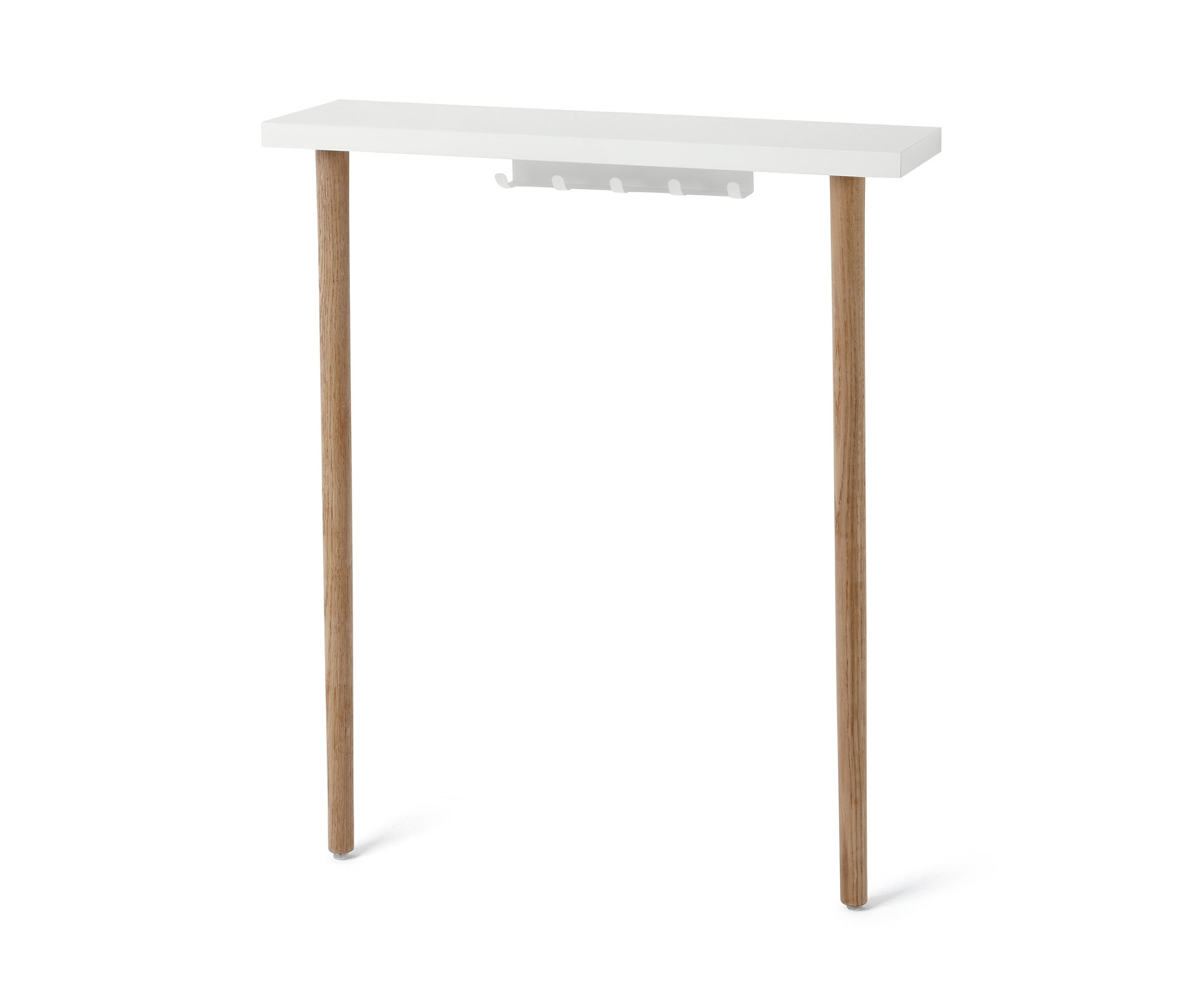 Konsolentisch zum Anlehnen mit weisser Platte und Holzbeinen.