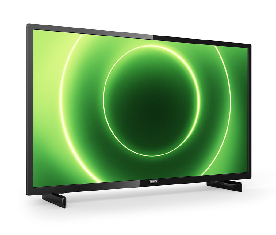 Ein schwarzer Philips 32-Zoll LED-Fernseher zeigt ein kreisförmiges grünes Muster auf dem Bildschirm.