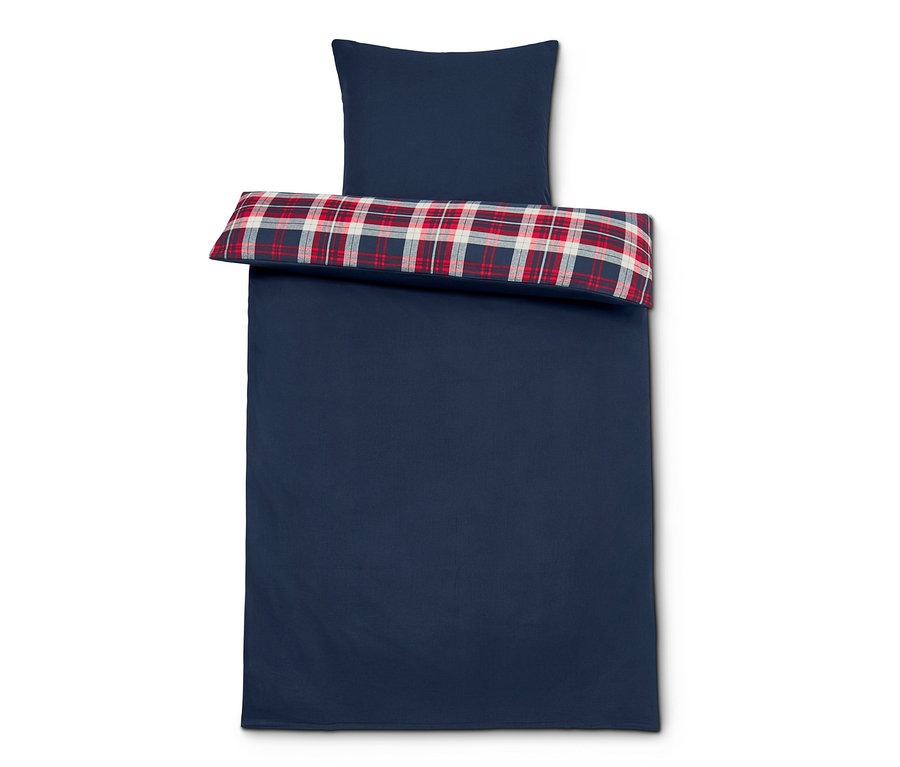 Blaue Flanell-Bettwäsche Normalgröße mit kariertem Rand und Kissen.