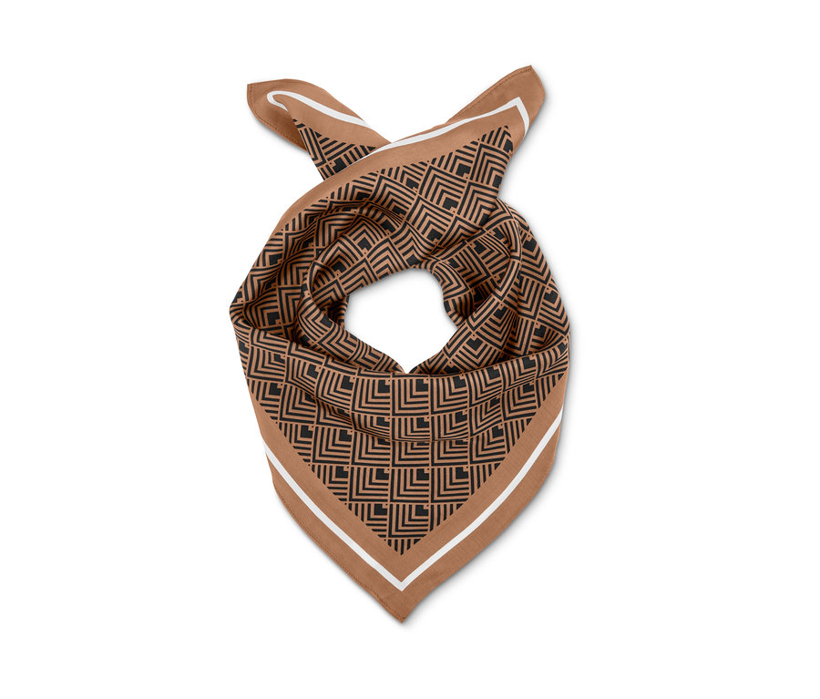 Ein Halstuch in Braun mit schwarzem geometrischem Muster.