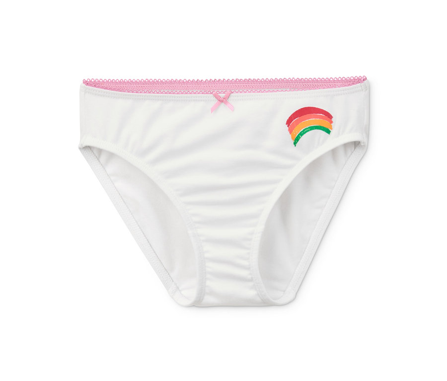 Weißer Mädchen-Slip aus Bio-Baumwolle mit Regenbogen und Schleife.