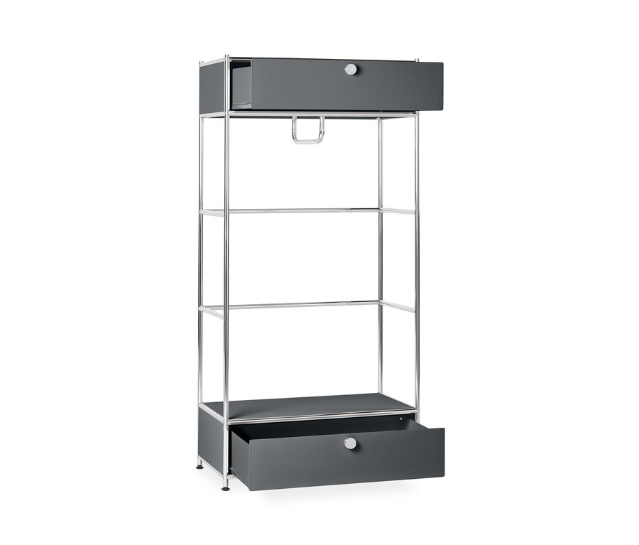 Graue Ankleide Metall »CN3« mit 2 Schubladen, eine offen.