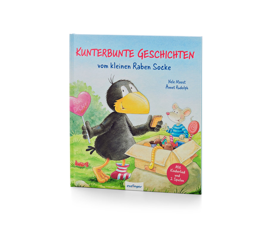 Cover des Buchs »Kunterbunte Geschichten vom kleinen Raben Socke« mit der Illustration eines kleinen Raben.