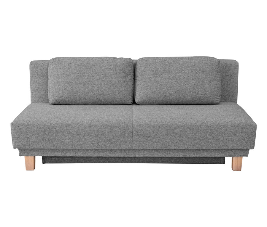 Graues Schlafsofa "Nala" mit zwei Kissen.